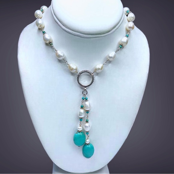 🌺Gorgeous Sterling, Genuine Pearl & Turquoise Necklace - Picture 1 of 14
